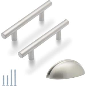 imageProbrico 30 Pack 3 Inch Euro T Bar Cabinet Pulls and 10 Pack 3 Inch Cup Pulls Satin Nickel Drawer Pulls Knobs Bundle