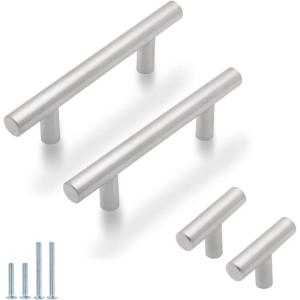 imageProbrico 30 Pack 3 Inch Euro T Bar Cabinet Pulls and 10 Pack Single Hole Cabinet Knobs Bundle Stainless Steel Kitchen Cabinet Handles Satin Nickel Drawer Pulls Knobs
