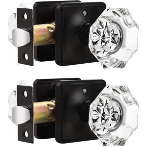 imageProbrico Crystal Door Knobs with Lock Octagon Shape Heavy Duty Glass Privacy Knobs for Bed and Bath with Black Round Rosette 2 Pack