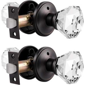 imageProbrico Diamond Crystal Door Knobs with Lock Heavy Duty Glass Privacy Knobs for Bed and Bath Oil Rubbed Bronze Round Rosette 2 Pack