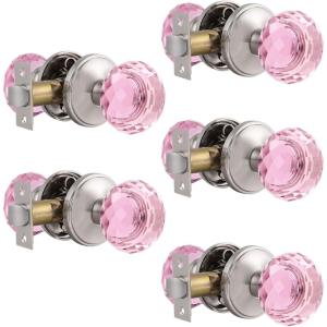 imageProbrico NonLocking Door Handles Interior for Hallway and Closet 5 Pack Crystal Door knobs Passage in Round Faceted Diamond Shape Heavy Duty Pink Glass Door Knob with Brushed Nickel Round Rosette
