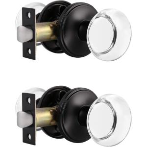 imageProbrico Round Crystal Passage Door Knobs for Hallway Closet Interior Keyless NonLocking Hardware Clear Real Glass Door Handles with Black Round Rosette 2 Pack