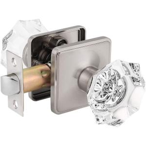 imageProbrico Passage Door Handle for Hallways and Closets 1 Pack Octagon Diamond Shape Crystal Door Knob Heavy Duty Glass Door Knobs Interior with Brushed Nickel Square Rosette