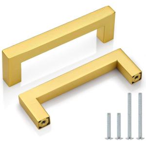 imageProbrico 10 Pack Flat Black Modern Cabinet Handles 5 Inch128mm Hole Center Stainless Steel Drawer Dresser Pulls Square Kitchen Cabinet HardwareGold