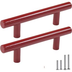 imageProbrico 10 Pack Cabinet Pulls Red Drawer Handles 3 Inch 76mm Hole Centers Modern Kitchen Cupboard T Bar Hardware Stainless Steel