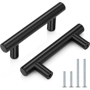 imageProbrico 15 Pack Flat Black Modern Cabinet Handles 3 Inch Hole Centers Cupboard Pulls Kitchen Cabinet Stainless Steel T Bar Dresser HandlesBlack