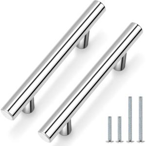 imageProbrico 25 Pack Flat Black Modern Kitchen Handles 3 Inch Hole Centers Cabinet Drawer Pulls Euro T Bar HandlesPolished Chrome