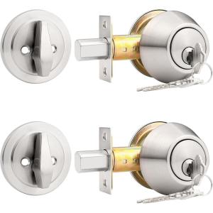 imageProbrico 2 Pack Oil Rubbed Bronze Single Cylinder Deadbolt Lock Set Keyed One Side Door Lock for Exterior and Interior Door All Keyed AlikeSatin Nickel