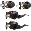 imageProbrico Front Door Handle 3 SetsFront Door Entry Lever and Single Cylinder Deadbolts Combination Set Keyed Alike Interior Exterior Door Lock Oil Rubbed Bronze Door Handlesets Wave ShapeOil Rubbed Bronze