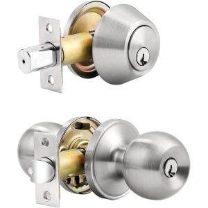 imageProbrico Door Knob and Deadbolt Set Exterior Door Lock Set 4 Pack Enrty Door Locks with Single Cylinder Deadbolt with The Same Keys Brushed Nickel Keyed AlikeBrushed Nickel
