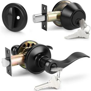 imageProbrico Entrance Door Lever Deadbolt Sets Oil Rubbed Bronze Entry Lever Deabolt Set Keyed Alike Drop Lever with Single Cylinder Deadbolts Combo Pack Exterior Gate Front Door Keyed Hardware 4 PackBlack