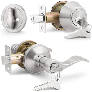imageProbrico Entrance Door Lever Deadbolt Sets Oil Rubbed Bronze Entry Lever Deabolt Set Keyed Alike Drop Lever with Single Cylinder Deadbolts Combo Pack Exterior Gate Front Door Keyed Hardware 4 PackBrushed Nickel