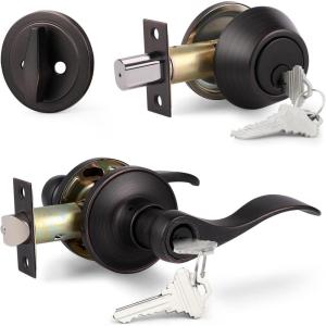 imageProbrico Entrance Door Lever Deadbolt Sets Oil Rubbed Bronze Entry Lever Deabolt Set Keyed Alike Drop Lever with Single Cylinder Deadbolts Combo Pack Exterior Gate Front Door Keyed Hardware 4 PackOil Rubbed Bronze