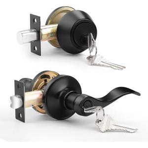 imageProbrico Front Door Handle 3 SetsFront Door Entry Lever and Single Cylinder Deadbolts Combination Set Keyed Alike Interior Exterior Door Lock Oil Rubbed Bronze Door Handlesets Wave ShapeBlack