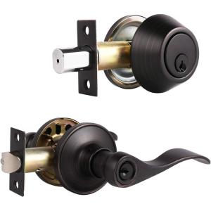 imageProbrico Front Door Handle 3 SetsFront Door Entry Lever and Single Cylinder Deadbolts Combination Set Keyed Alike Interior Exterior Door Lock Oil Rubbed Bronze Door Handlesets Wave ShapeOil Rubbed Bronze