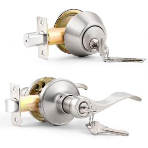 imageProbrico Front Door Handle 3 SetsFront Door Entry Lever and Single Cylinder Deadbolts Combination Set Keyed Alike Interior Exterior Door Lock Oil Rubbed Bronze Door Handlesets Wave ShapeBrushed Nickel