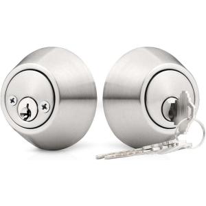 imageProbrico Keyed Alike Double Cylinder Deadbolt 2 Side Both Keyed Round Modern Contemporary Deadbolt Door Lock for Interior and Exterior Satin Nickel 2 PackBrushed Nickel