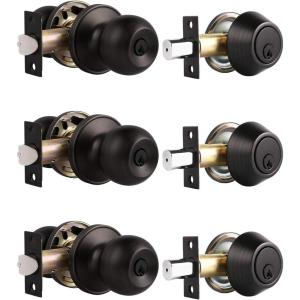 imageProbrico Oil Rubbed Bronze Door Knobs with Single Cylinder Deadbolts Exterior keyed Alike Handleset Combo Pack Lockset for Front Door and Outside Gate Set of 3