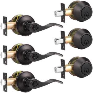 imageProbrico Oil Rubbed Bronze Entry Lever and Deabolt Set Keyed Alike Drop Lever with Single Cylinder Deadbolts Combo Pack Exterior Gate Front Door Keyed Hardware