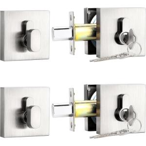 imageProbrico Satin Nickel Single Cylinder DeadboltKeyed One Side Deadbolt Lock Residential Security Square Door Lock for Interior and ExteriorAll Keyed Alike2Pack