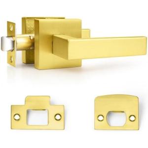imageProbrico 10 Pack Square Brushed Gold Passage Door Handle Heavy Duty Keyless Door Lever Lock for Hallway Closet Interior Satin Brass Door Knobs LocksetGold