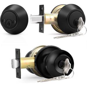 imageProbrico 6 Pack Flat Black Entry Door Knob Lock Set and Double Cylinder Deadbolt Combination Keyed Alike Handleset for Outside Gate and Front DoorBlack