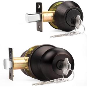 imageProbrico 6 Pack Flat Black Entry Door Knob Lock Set and Double Cylinder Deadbolt Combination Keyed Alike Handleset for Outside Gate and Front DoorOil Rubbed Bronze