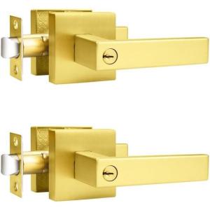 imageProbrico Brushed Gold Keyed Alike Entry Door Handle Knob Square Heavy Duty Satin Brass Door Lever Lockset Reversible for Exterior and Interior Doors 2 PackGold