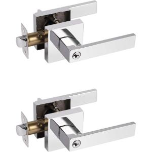 imageProbrico Brushed Gold Keyed Alike Entry Door Handle Knob Square Heavy Duty Satin Brass Door Lever Lockset Reversible for Exterior and Interior Doors 2 PackPolished Chrome