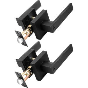 imageProbrico Brushed Gold Keyed Alike Entry Door Handle Knob Square Heavy Duty Satin Brass Door Lever Lockset Reversible for Exterior and Interior Doors 2 PackBlack