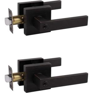 imageProbrico Brushed Gold Keyed Alike Entry Door Handle Knob Square Heavy Duty Satin Brass Door Lever Lockset Reversible for Exterior and Interior Doors 2 PackOil Rubbed Bronze