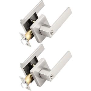imageProbrico Brushed Gold Keyed Alike Entry Door Handle Knob Square Heavy Duty Satin Brass Door Lever Lockset Reversible for Exterior and Interior Doors 2 PackBrushed Nickel
