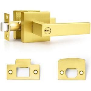 imageProbrico Brushed Gold Keyed Entry Door Handle Square Heavy Duty Satin Brass Entrance Door Lock Levers Reversible Lockset for Exterior and Interior Doors Different Keys 3 PackGold