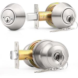 imageProbrico Entry Door Knob Lock Set and Double Cylinder Deadbolt Combination Set OilRubbed Bronze 3 Pack Keyed AlikeBrushed Nickel
