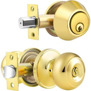 imageProbrico Entry Door Knob Lock Set and Double Cylinder Deadbolt Combination Set OilRubbed Bronze 3 Pack Keyed AlikePolished Brass