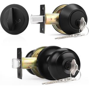 imageProbrico Entry Door Knob Lock Set and Single Cylinder Deadbolt Combination Set OilRubbed Bronze 3 Pack Keyed AlikeBlack