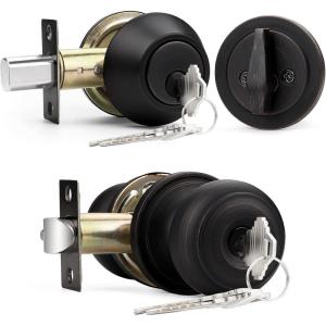 imageProbrico Entry Door Knob Lock Set and Single Cylinder Deadbolt Combination Set OilRubbed Bronze 3 Pack Keyed AlikeOil Rubbed Bronze