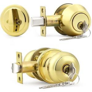 imageProbrico Entry Door Knob Lock Set and Single Cylinder Deadbolt Combination Set OilRubbed Bronze 3 Pack Keyed AlikePolished Brass