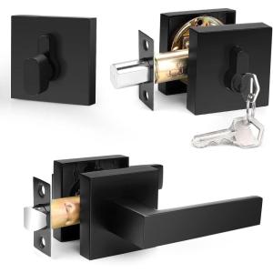 imageProbrico Flat Black Passage Door Lever with Single Cylinder Deadbolts Combo Pack Modern Square Lock Set HandlesetExterior Handle and SetExteriorBlack