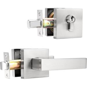 imageProbrico Flat Black Passage Door Lever with Single Cylinder Deadbolts Combo Pack Modern Square Lock Set HandlesetExterior Handle and SetExteriorBrushed Nickel