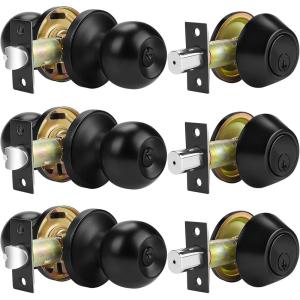 imageProbrico Oil Rubbed Bronze Door Knobs with Single Cylinder Deadbolts Exterior keyed Alike Handleset Combo Pack Lockset for Front Door and Outside Gate Set of 4Black