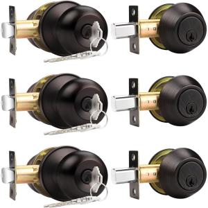 imageProbrico Oil Rubbed Bronze Door Knobs with Single Cylinder Deadbolts Exterior keyed Alike Handleset Combo Pack Lockset for Front Door and Outside Gate Set of 4Oil Rubbed Bronze