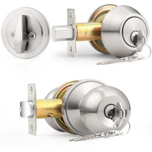 imageProbrico Oil Rubbed Bronze Door Knobs with Single Cylinder Deadbolts Exterior keyed Alike Handleset Combo Pack Lockset for Front Door and Outside Gate Set of 4Brushed Nickel