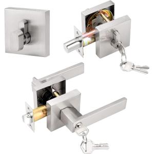 imageProbrico Satin Nickel Square Entry Levers Locksets and Single Cylinder Deadbolts Combination Set Heavy Duty Front Door Office Entrance Levers 3 Pack Keyed AlikeAll Same KeysBrushed Nickel