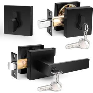 imageProbrico Satin Nickel Square Entry Levers Locksets and Single Cylinder Deadbolts Combination Set Heavy Duty Front Door Office Entrance Levers 3 Pack Keyed AlikeAll Same KeysBlack