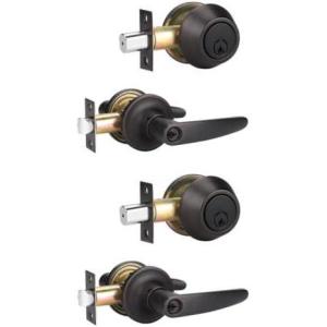 imageProbrico Straight Door Handleset Levers with Single Cylinder Deadbolts Combo Keyed Alike Entry Door Handles Lockset Reversible Door Knobs for Right ampamp Left Side Oil Rubbed Bronze 2 Pack
