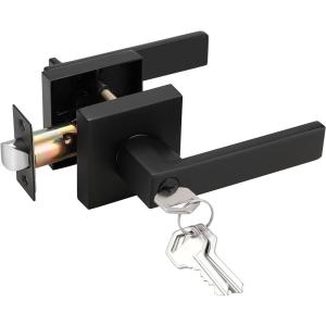 imageProbrico Black Door Handle with Different Keys Heavy Duty Flat Square Entry Door Lever Locks Reversible for Left and Right Handed Doors Door Levers Lockset for Interior and Exterior Doors 3 PackBlack
