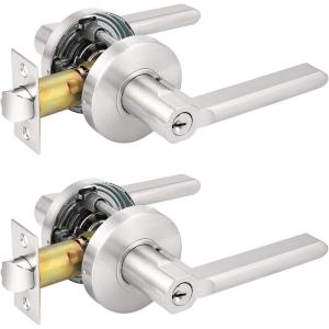 imageProbrico 2 Pack Keyed Entry Locks for Front DoorBedroomOffice Modern Entry Lever Lockset Satin Nickel  Keyed Alike2 Pack