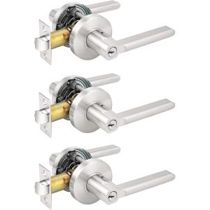 imageProbrico 2 Pack Keyed Entry Locks for Front DoorBedroomOffice Modern Entry Lever Lockset Satin Nickel  Keyed Alike3 Pack