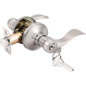 imageProbrico 2 Pack Wave Style Keyed Alike Entry Levers Exterior Interior Satin Nickel Keyed Door Handles with Lock and Same Keys Reversible for Right Left Handed DoorsSatin Nickel